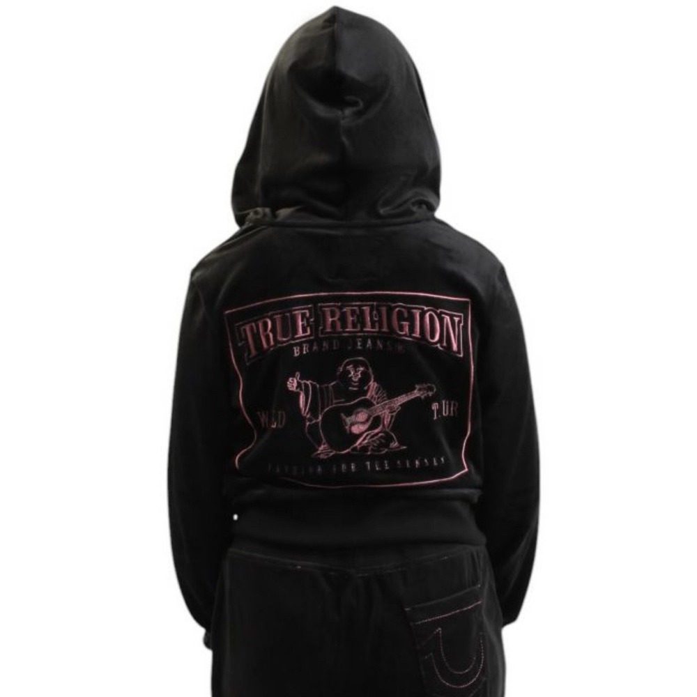 True Religion World Tour Full Zip Black Hoodie Sweatshirt Logo Buddha Women's M